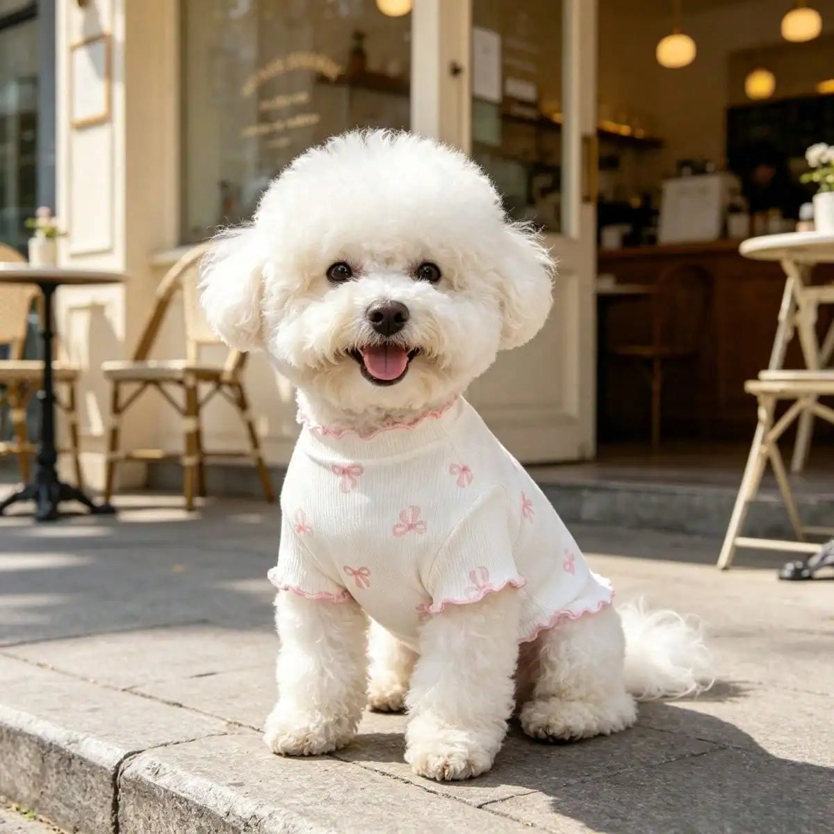 A fluffy white dog wearing a breathable knit sweater with pink bows, sitting outdoors.