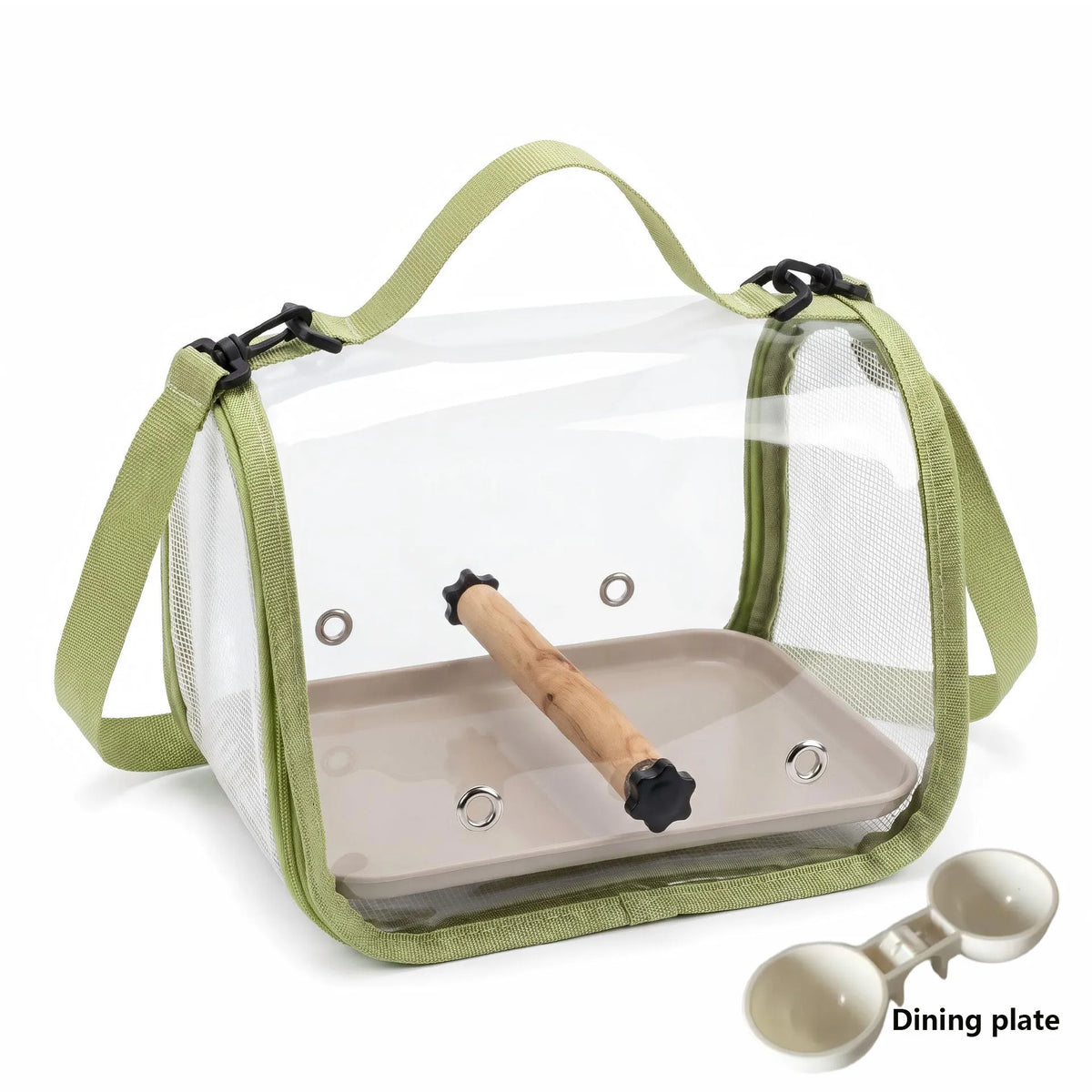 A portable bird travel carrier with a transparent viewing panel and a wooden dining plate.