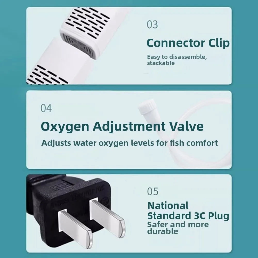 Diagram showing components of an aquarium pump including a connector clip, oxygen adjustment valve, and a National Standard 3