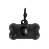 Black bone-shaped dog waste bag dispenser with a metal clip for on-the-go cleanup