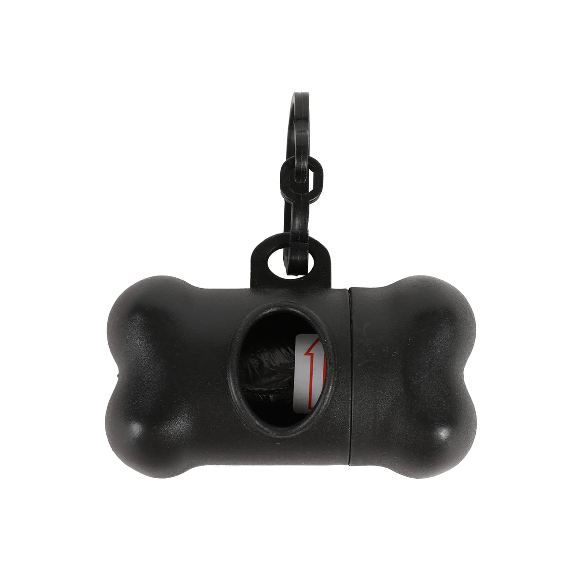 Black bone-shaped dog waste bag dispenser with a metal clip for on-the-go cleanup