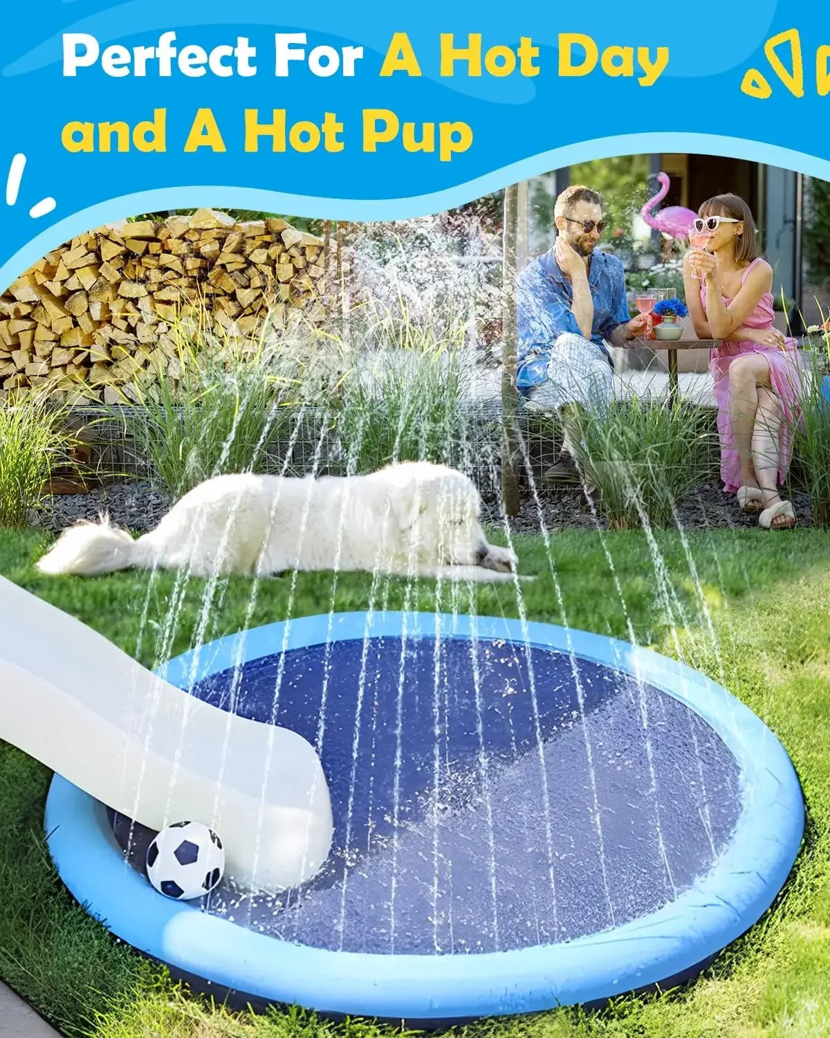 A white dog is relaxing in a blue splash pad while water sprays from a nearby fountain.