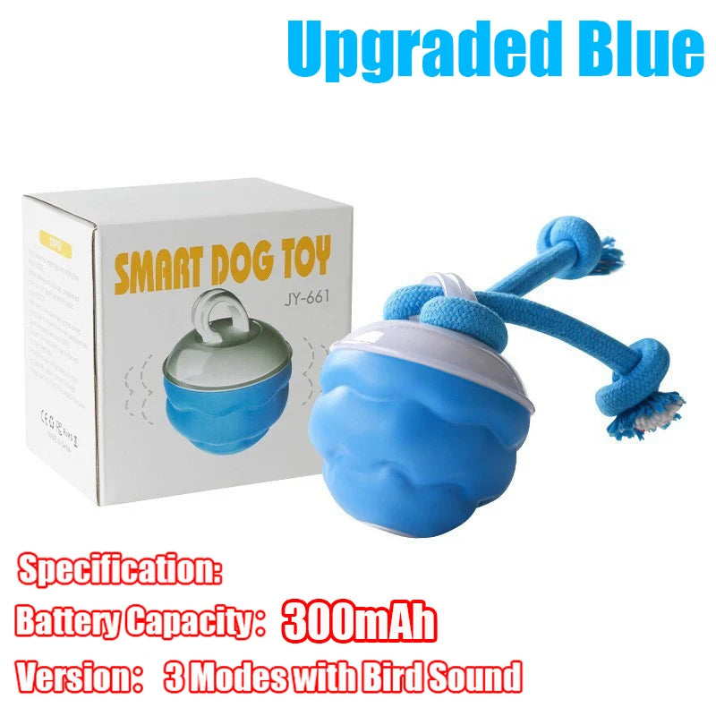 Blaues intelligentes Hundespielzeug mit Roll- und Seilmechanismus, verpackt in einer Box.