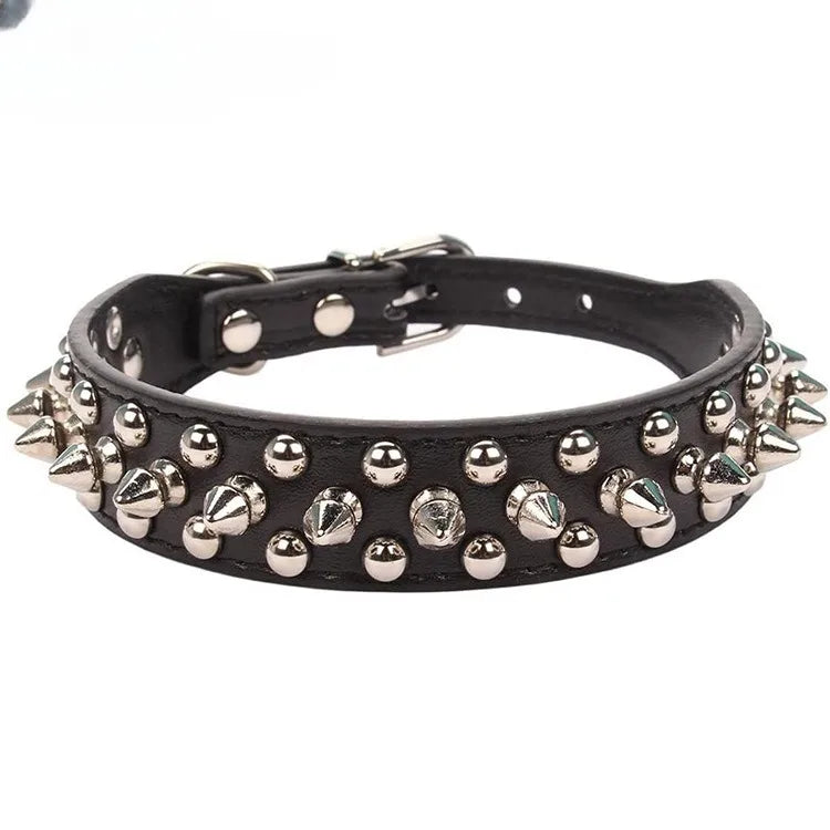 Black leather spiked dog collar with silver studs and a buckle closure