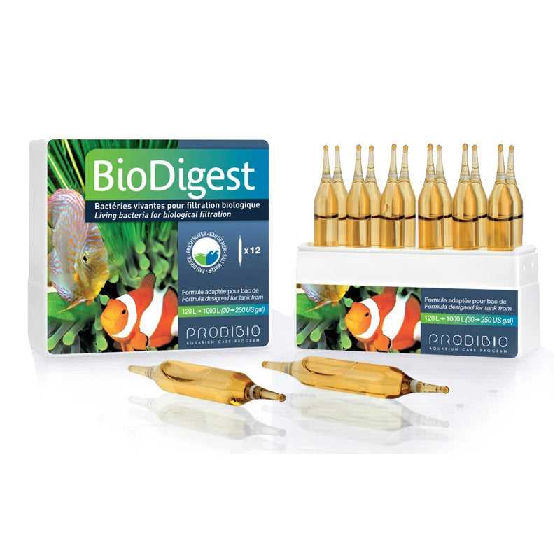 Paquet de 12 flacons de bactéries BioDigest et une solution liquide pour booster l'eau des aquariums