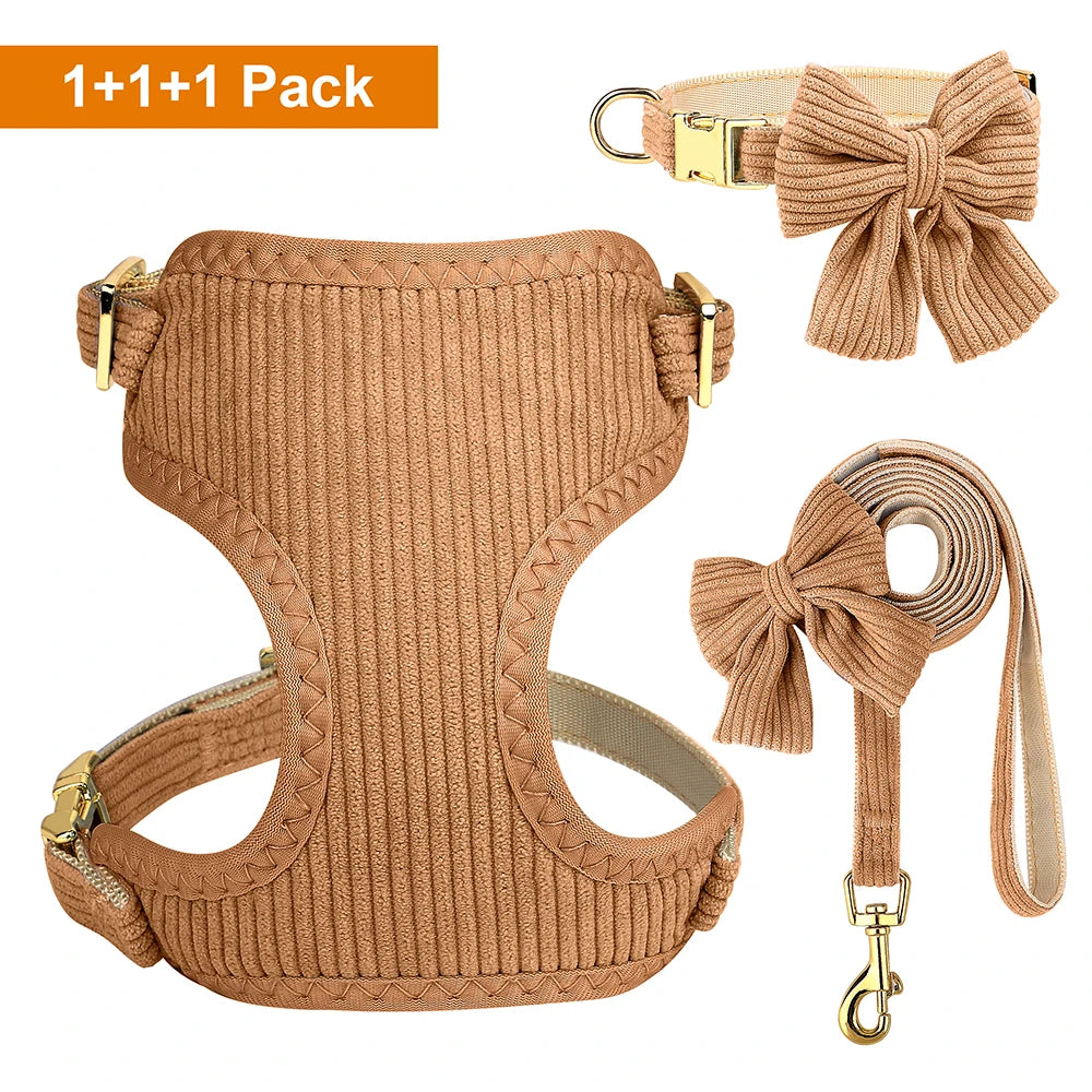 A tan knitted dog harness, collar, and leash set with a bowknot, shown in a 1+1+1 pack.