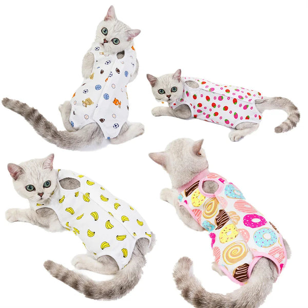 Three cats wearing comfortable recovery vests, showing different styles and colors.
