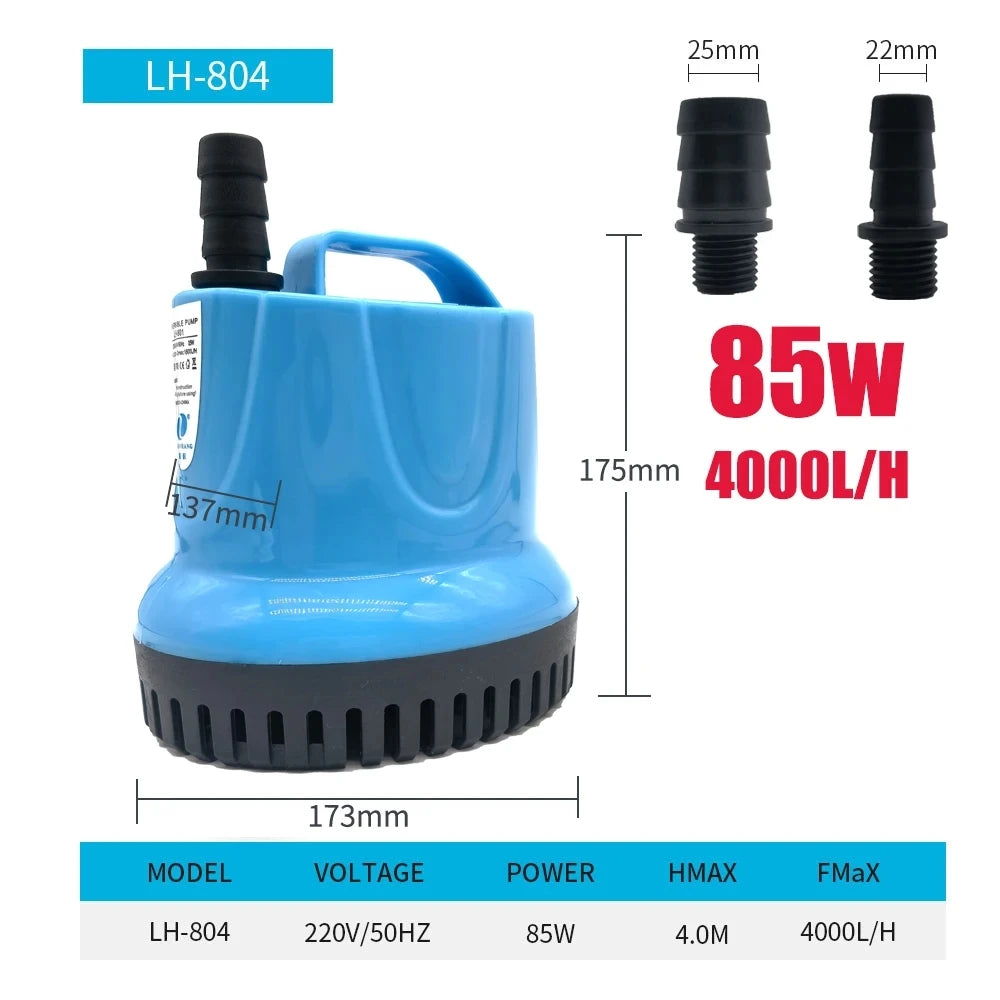 Blue submersible aquarium water pump model LH-804 with specifications and flow rate details.