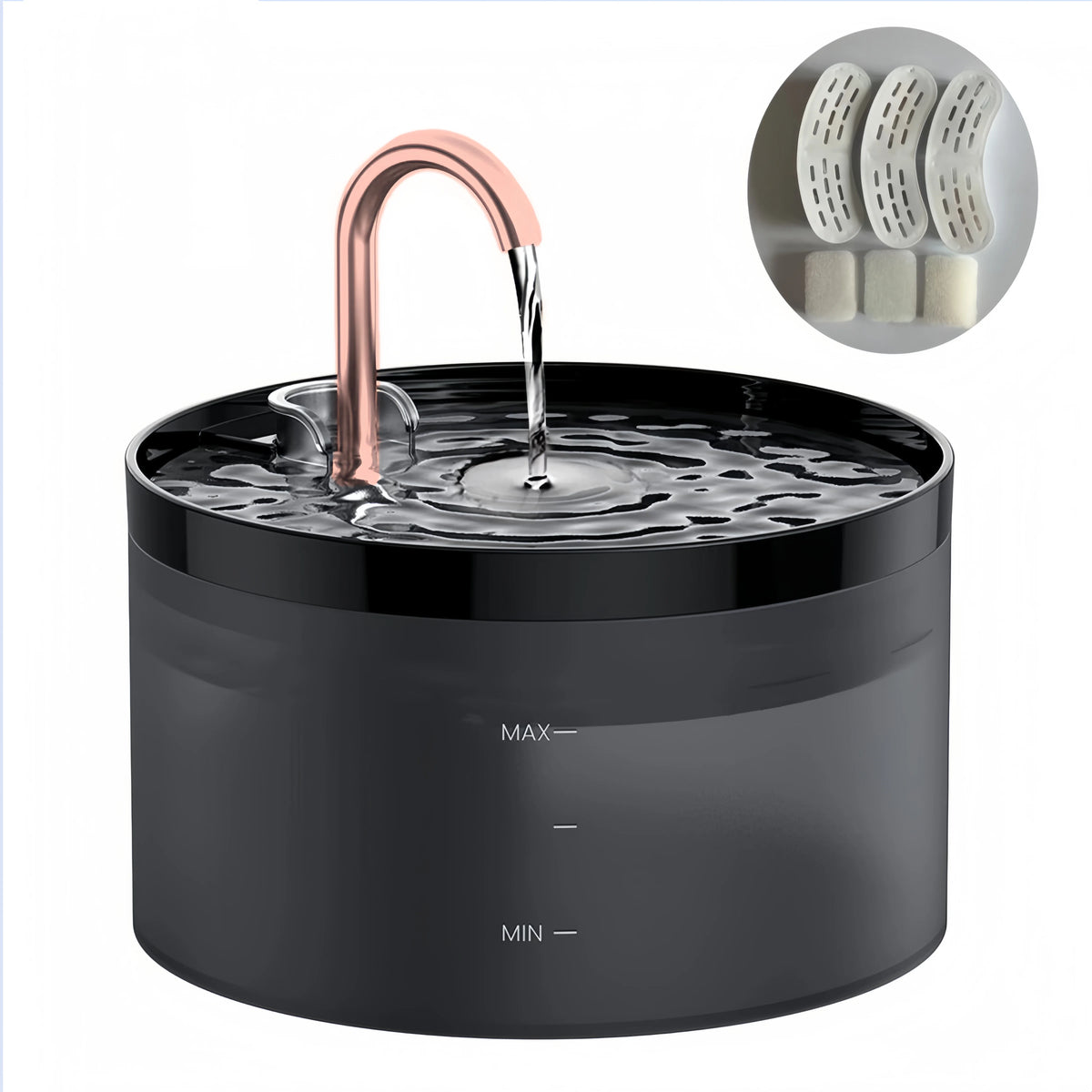 Fontaine à eau automatique noire avec bec rose gold et kit de nettoyage en silicone.