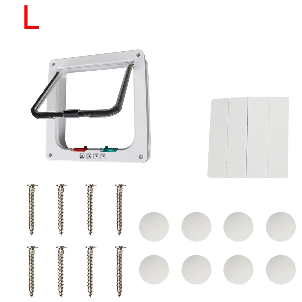 A white 4-way locking pet door for dogs and cats with a metal latch and several round silicone seals.