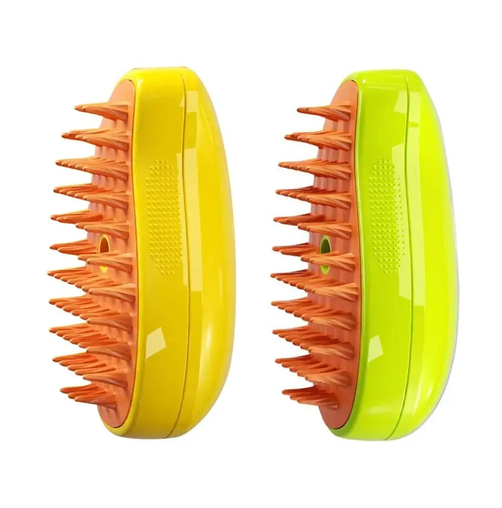 A pair of yellow and lime green pet grooming brushes with orange bristles shown side by side.