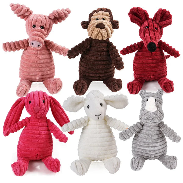 A collection of various plush dog toys in pink, brown, red, and gray colors.