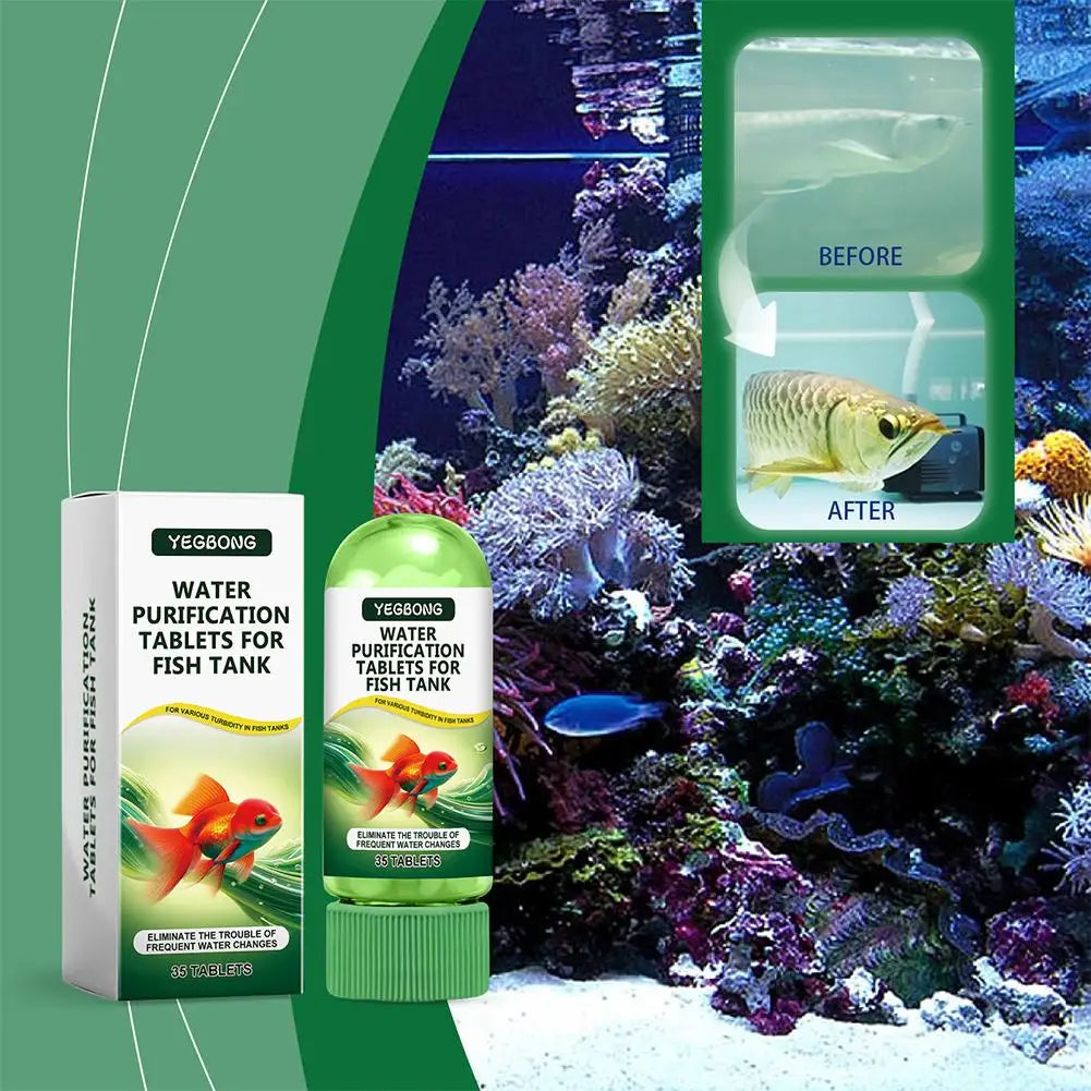 Comprimés de purification d'eau Yegbong pour aquarium, avec résultats avant/après.