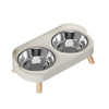 A light beige stainless steel double bowl for dogs and cats.
