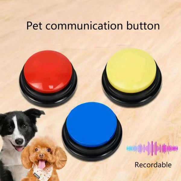Three colored pet communication buttons, including red, yellow, and blue, are shown with a dog nearby, indicating they are re