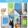 Various silicone suction cups for dogs including a puppy and a larger dog, shown in different colors on wood, tile, and fridg