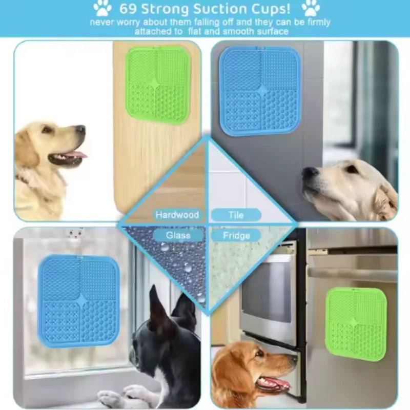 Various silicone suction cups for dogs including a puppy and a larger dog, shown in different colors on wood, tile, and fridg