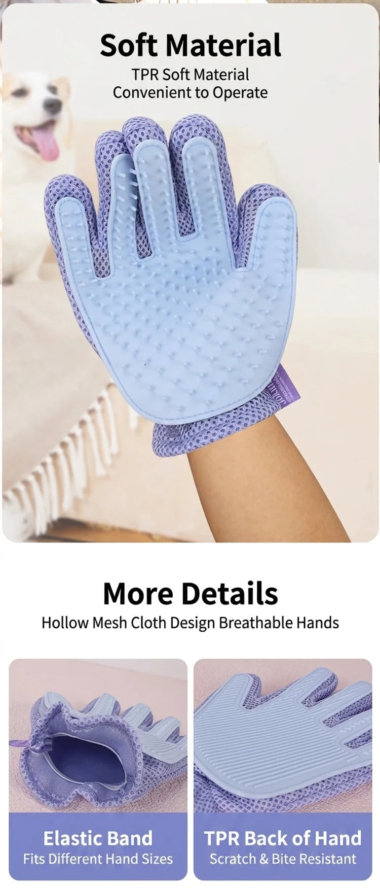 Hellviolettes TPR-Soft-Materialhandschuh für Tierpflege und Massage.