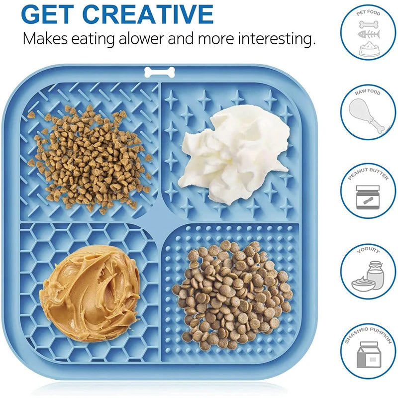 Blue silicone lick mat for pets featuring various foods like kibble, butter, and yogurt.