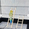 A wooden bird ladder with hooks is placed inside a black cage for climbing and perching.