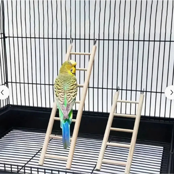 A wooden bird ladder with hooks is placed inside a black cage for climbing and perching.