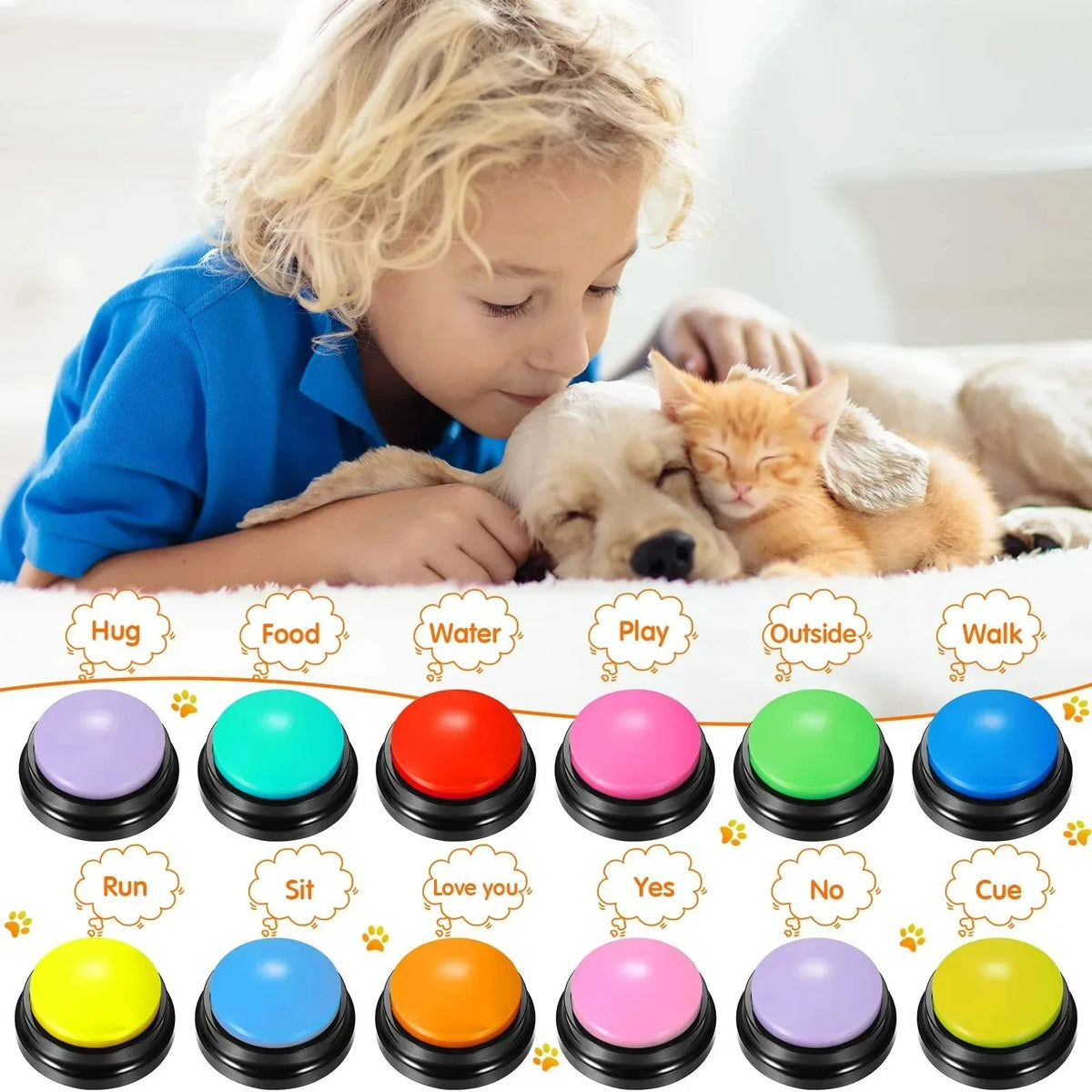 A collection of colorful pet training buttons for teaching commands like hug, food, water, play, and walk.