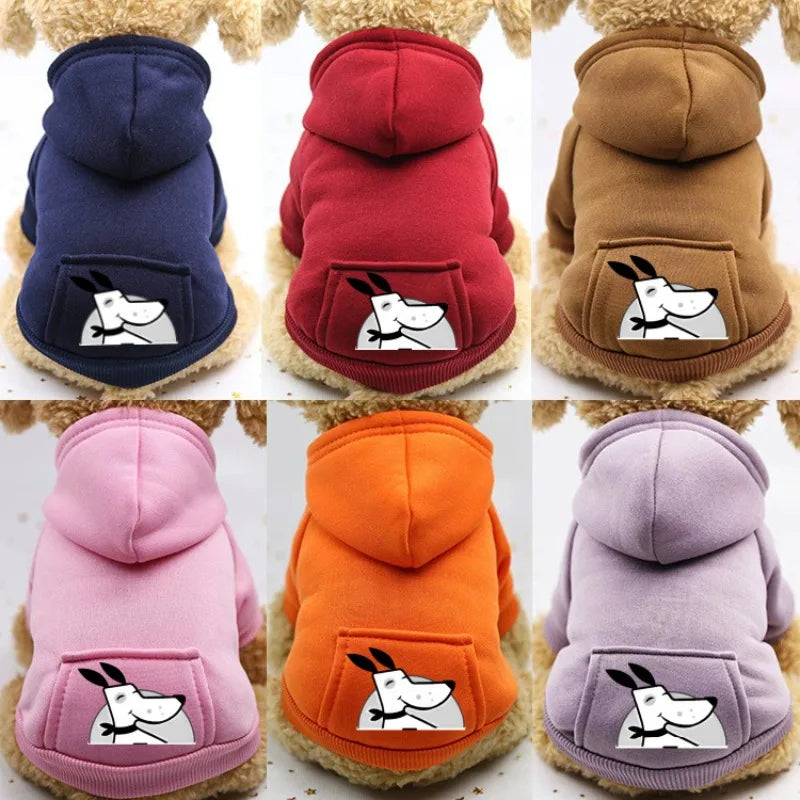 A collection of cozy fleece dog sweatshirts with hoods and pockets in various colors including navy, red, brown, orange, and 