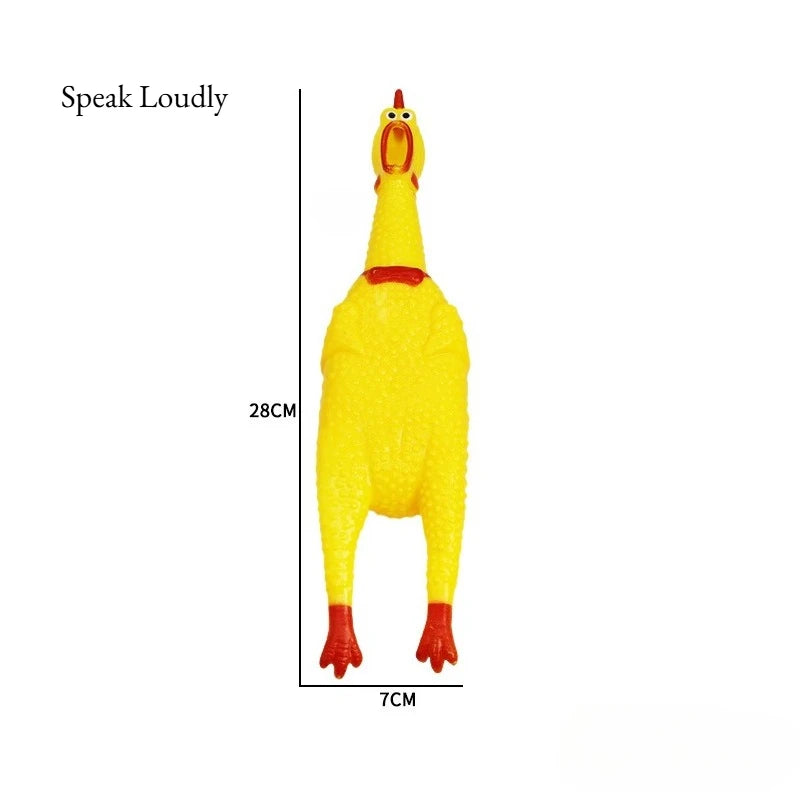 A yellow squeaky rubber chicken dog toy standing upright.