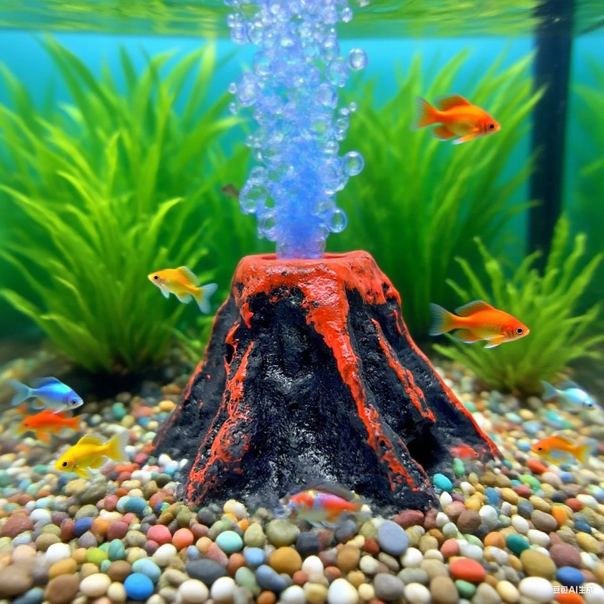An aquarium volcano product showing a realistic erupting bubble effect with orange and black lava-like material.