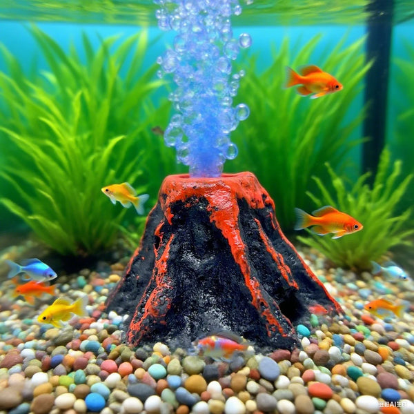 An aquarium volcano product showing a realistic erupting bubble effect with orange and black lava-like material.