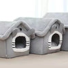 Gray removable dog house pet bed for indoor use with openings and soft lining