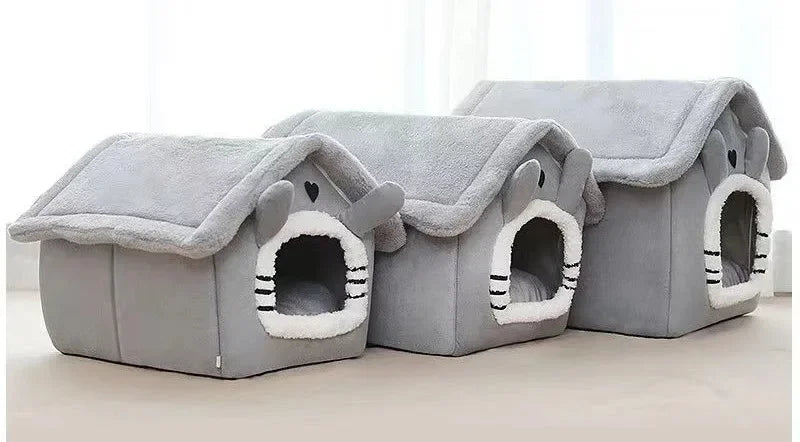 Gray removable dog house pet bed for indoor use with openings and soft lining