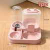 A pink 2-in-1 automatic pet water and food feeder set with a clear cylinder and a shallow dish.