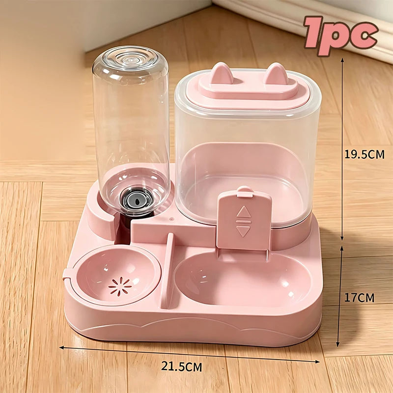 A pink 2-in-1 automatic pet water and food feeder set with a clear cylinder and a shallow dish.