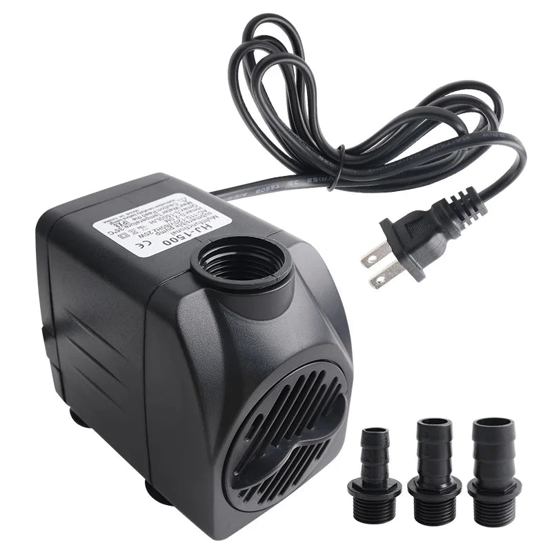 A black submersible water pump with a coiled electrical cord and three threaded connectors is shown.