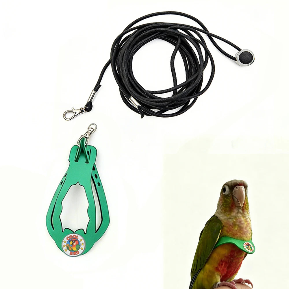 Grüne verstellbare Papageiharnisch und Leine-Set mit schwarzem Seil und Clip.