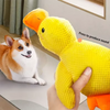 A yellow plush duck toy is being held by a hand next to a small dog.
