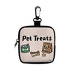 A black pet treats pouch with a hook and zipper, featuring illustrations of dog treats.