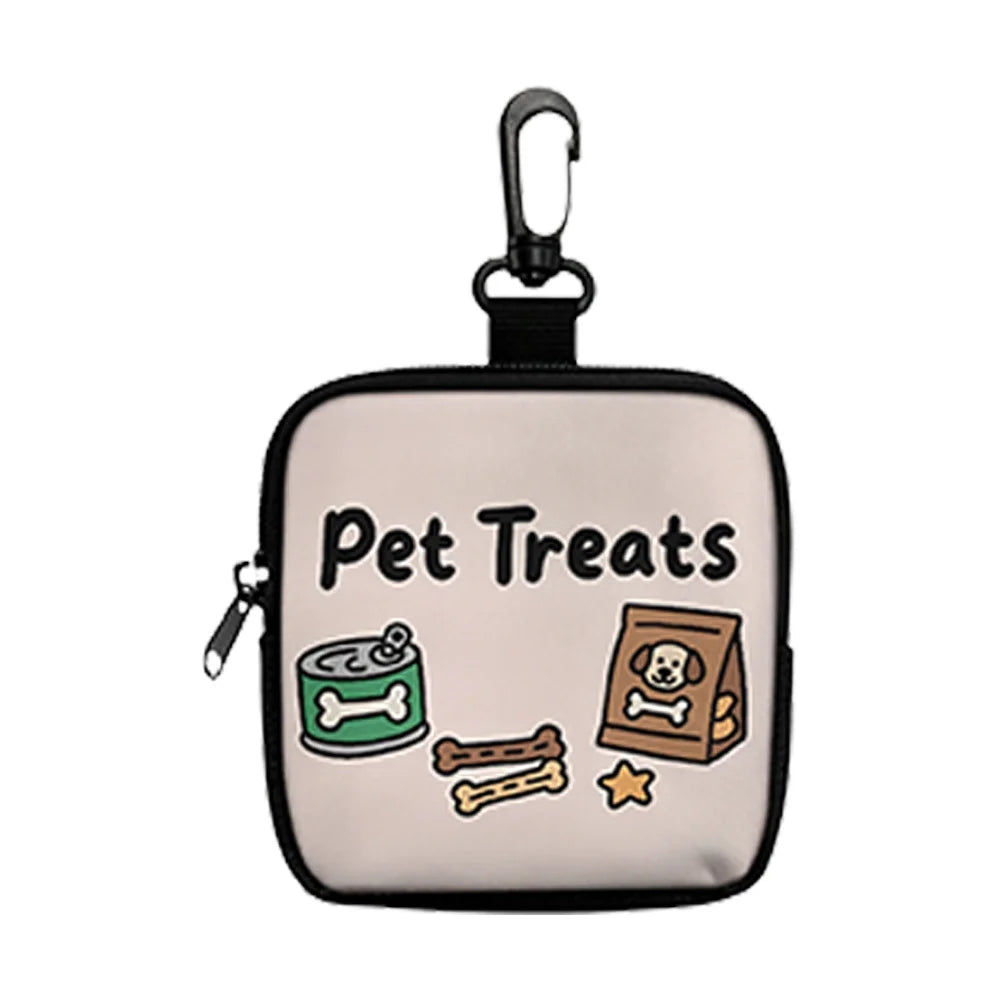 A black pet treats pouch with a hook and zipper, featuring illustrations of dog treats.