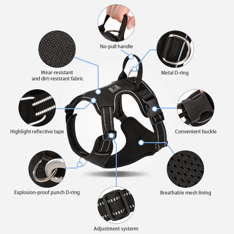 A black reflective dog harness showing various features like a no-pull handle, metal D-ring, and adjustment system.