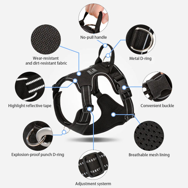 A black reflective dog harness showing various features like a no-pull handle, metal D-ring, and adjustment system.