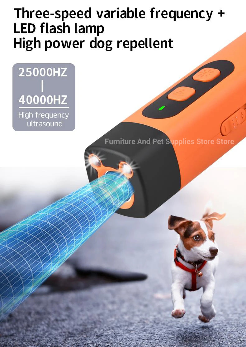 An orange ultrasonic dog repellent device emitting a blue sound wave towards a dog.