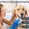 A woman is applying pet grooming gloves to a happy dog during a luxury bathing experience.