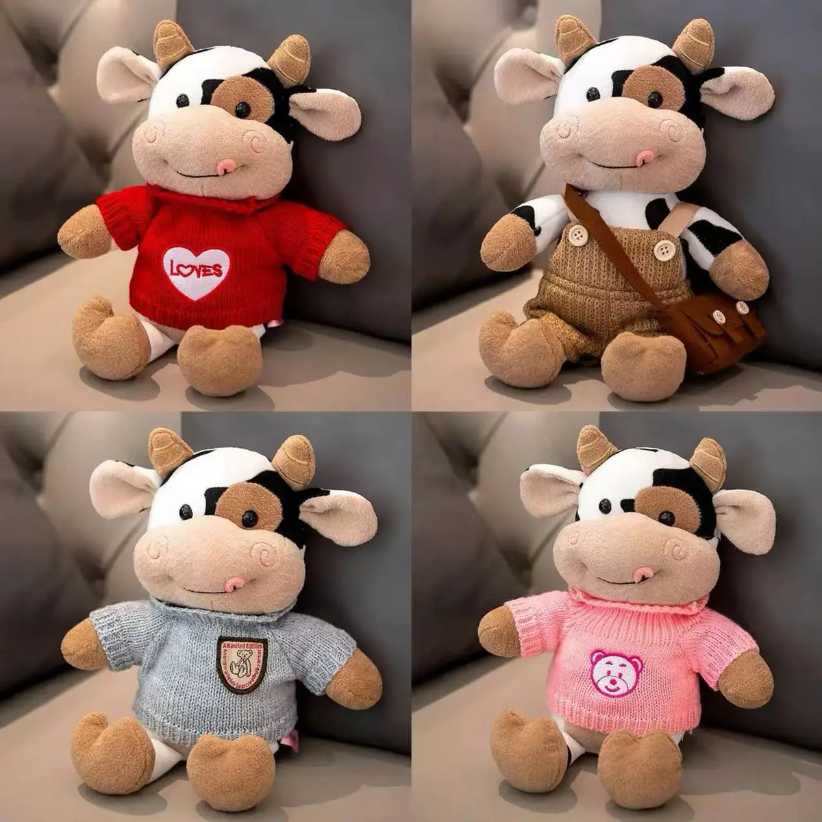 A collection of soft cow plush toys in various colors and styles, including red, brown, and pink.