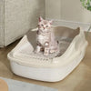 A fluffy gray kitten sits inside a white high-sided cat litter box with an anti-splash design.