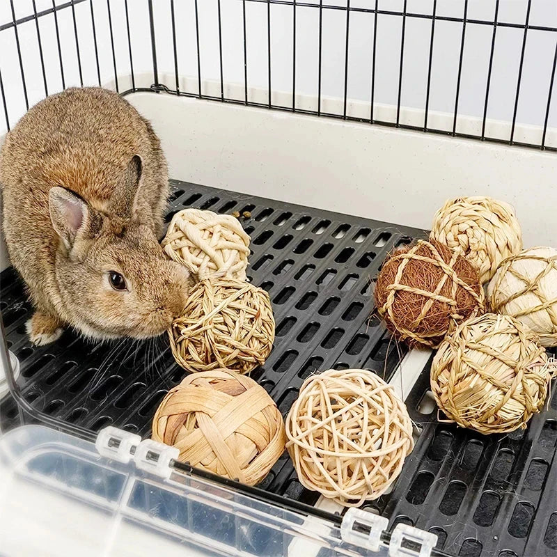 A brown rabbit is interacting with natural wooden chew toys inside a black mesh cage.