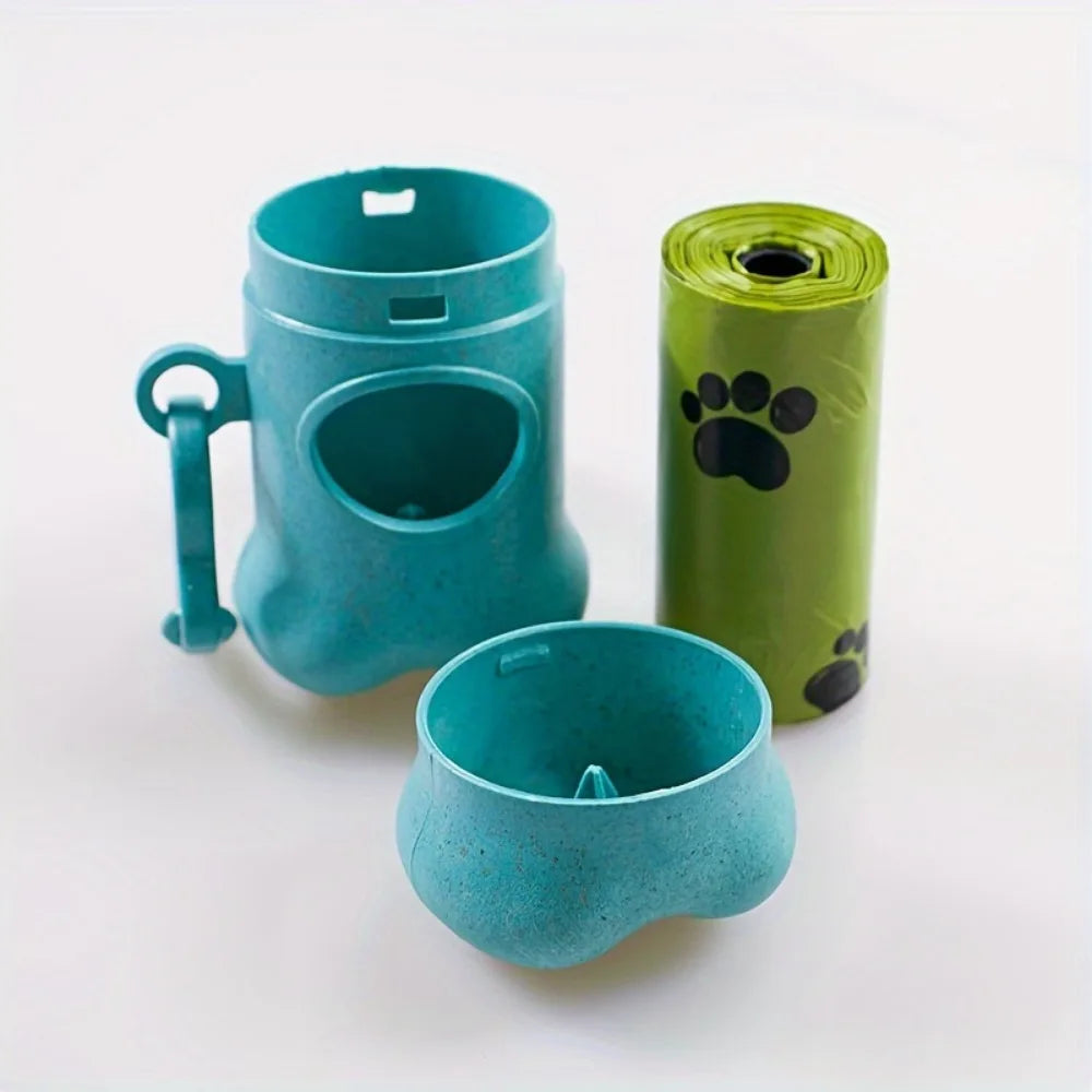 Dispensa portátil de bolsas para mascotas con forma de hueso, clip de remolque y rollo de bolsas verdes.