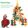 Colorful wooden bead chew toys for parrots strung on a sturdy chain with a hanging clip
