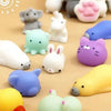 A collection of adorable animal stress relief squeeze toys in various colors and shapes.