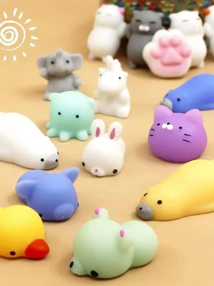 A collection of adorable animal stress relief squeeze toys in various colors and shapes.